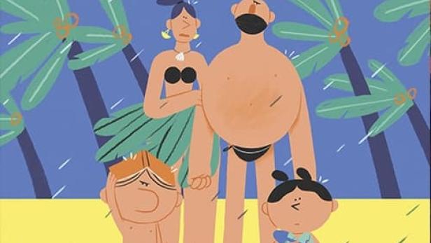 Das Filmplakat für „Hello Summer“ zeigt eine Familie am Strand unter einem gelben Schwimmreifen.