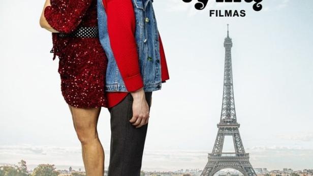 Das Filmplakat für „10 pasimatymų filmas“ zeigt zwei Schauspieler vor dem Eiffelturm in Paris.