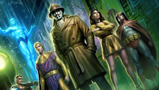 Das Cover von „Watchmen Chapter I“ zeigt eine Gruppe von Superhelden in einer regnerischen Stadt.