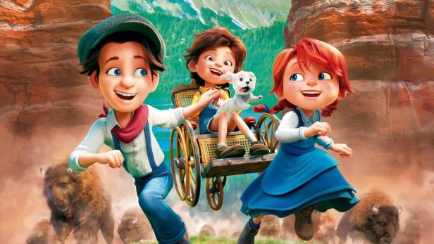 Das Filmplakat für „Buffalo Kids“ zeigt animierte Kinder vor einer Bergkulisse mit Büffeln.