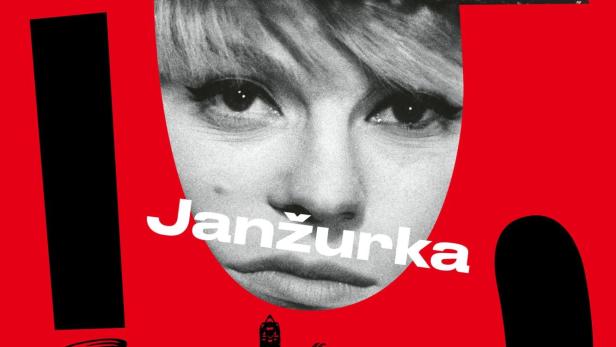 Ein rotes Plakat mit dem Gesicht einer Frau, einer Schildkröte und dem Namen Janžurka.