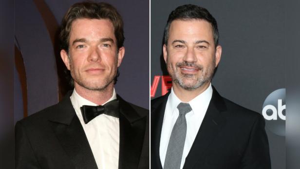 Ein Doppelporträt von John Mulaney und Jimmy Kimmel in Anzügen.