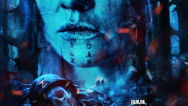 Das Filmplakat für „Konotopska Vidma“ zeigt eine Frau mit Runen im Gesicht und einen toten Soldaten.