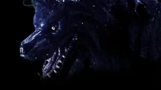 Das Gesicht eines Werwolfs mit gelben Augen und scharfen Zähnen vor schwarzem Hintergrund.