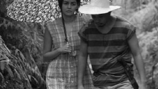 Eine Frau mit Schirm und ein Mann mit Hut gehen durch eine dichte Vegetation.