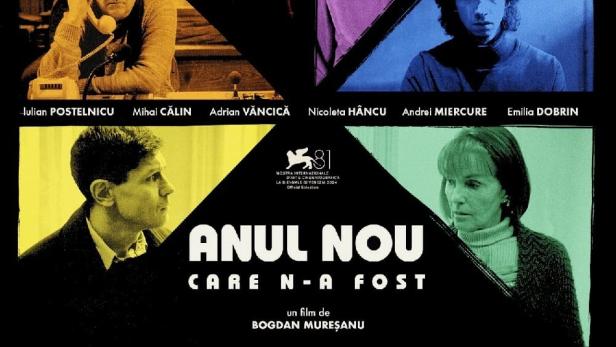 Das Filmplakat für „Anul Nou Care N-A Fost“ zeigt die Schauspieler in farbigen Feldern.