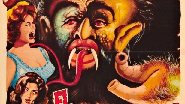 Das Filmplakat für „El Barón del Terror“ zeigt einen Monster mit langem Zunge und drei Frauen.