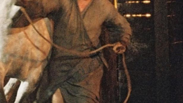 Ein Mann führt ein Pferd aus einer brennenden Scheune.