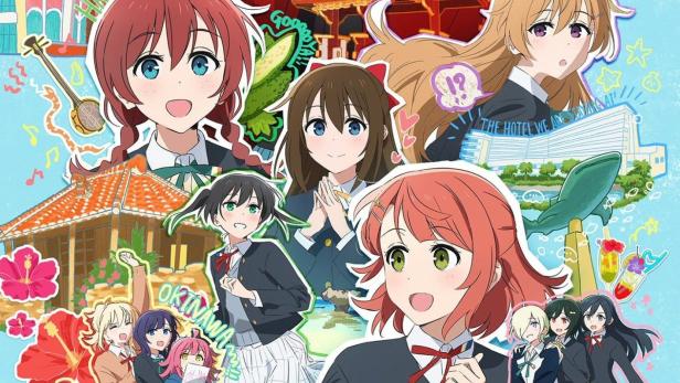 Ein farbenfrohes Poster mit Anime-Mädchen, die verschiedene Orte in Okinawa repräsentieren.