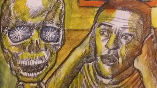 Das Filmplakat zu „My Corona Madness“ zeigt einen Mann neben einem gelben Skelett.