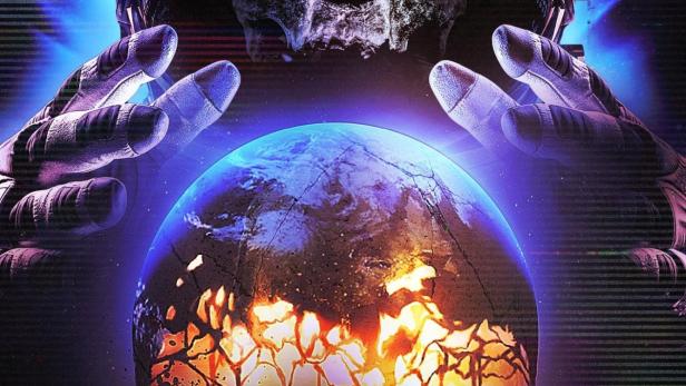 Ein Totenkopf mit leuchtenden Augen trägt einen Astronautenhelm und hält einen zerstörten Planeten in den Händen.