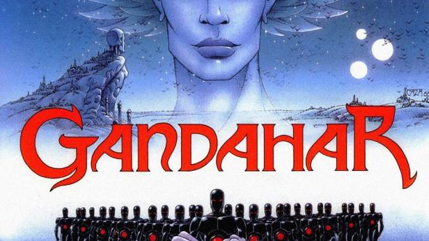 Das Cover für den Film „Gandahar“ zeigt eine blauhäutige Frau mit Flügeln und eine Reihe schwarzer Roboter, die eine Frau tragen.