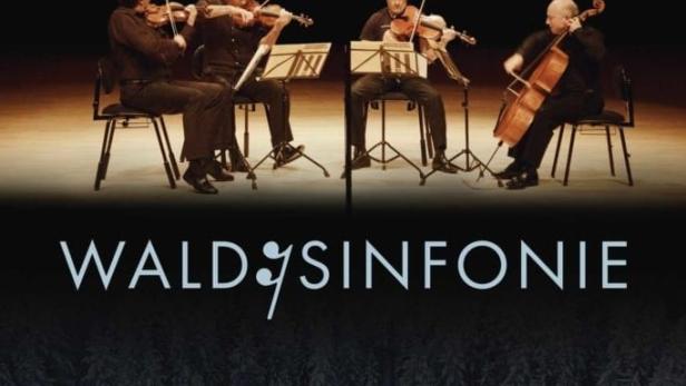 Das Filmplakat für „Waldsinfonie“ zeigt ein Streichquartett vor einem dunklen Wald.