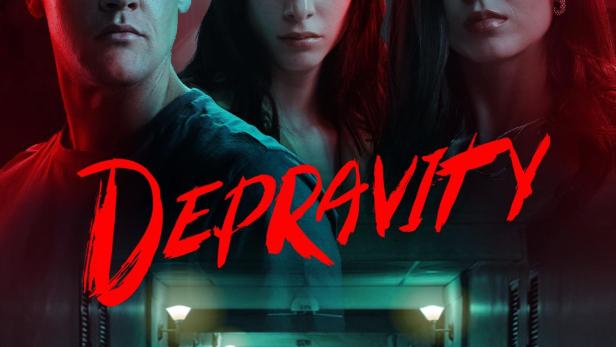 Das Filmplakat für „Depravity“ zeigt Taylor John Smith, Victoria Justice und Devon Ross vor einem dunklen Flur.