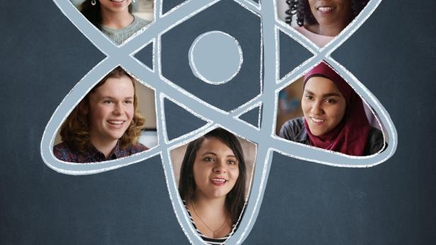 Ein Atom-Symbol mit den Porträts von sechs jungen Leuten und dem Schriftzug „Science Fair“.