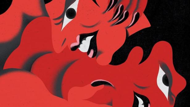 Eine Illustration im Retro-Stil zeigt stilisierte rote Figuren unter dem Schriftzug „Maurice's Bar“.