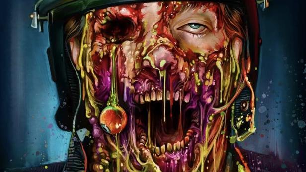 Ein schmelzender Polizist mit Helm und dem Schriftzug „Street Trash“.