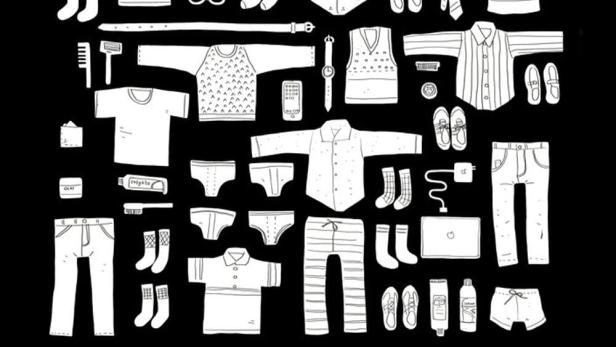 Eine Illustration von Kleidung und persönlichen Gegenständen, die als Negativraum angeordnet sind.