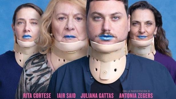 Das Filmplakat für „Los Domingos Mueren Mas Personas“ zeigt vier Personen mit Halskrausen und blauen Lippen.