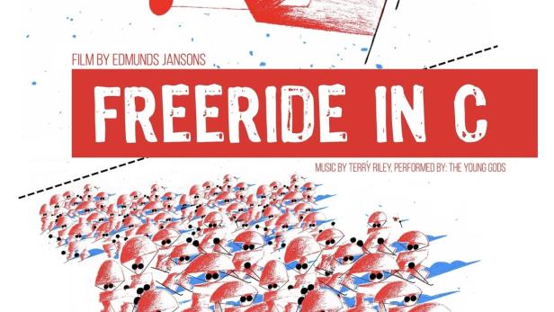 Das animierte Filmposter für „Freeride in C“ von Edmunds Jansons zeigt stilisierte Skifahrer.