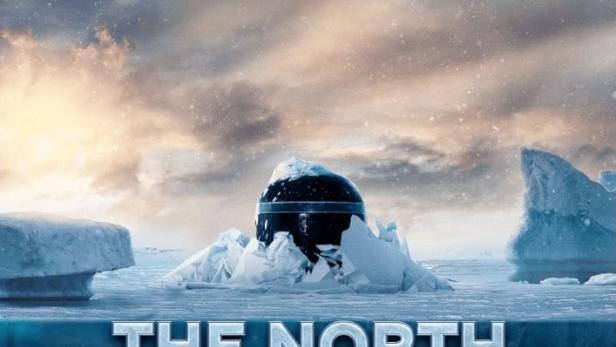 Ein Filmplakat für „The North Pole“ mit einer Kugel auf Eis unter einem bewölkten Himmel.