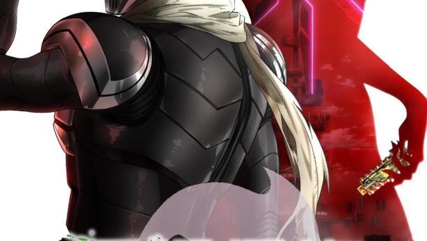 Ein Charakter im Anzug und Hut, möglicherweise „Kamen Rider Skull“, vor einem roten Hintergrund mit Stadtbild.