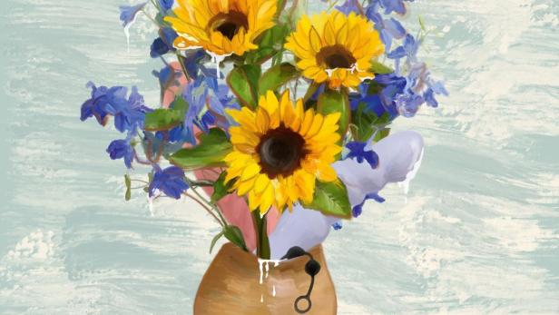 Ein Blumenstrauß mit Sonnenblumen und blauen Blumen in einer Vase.