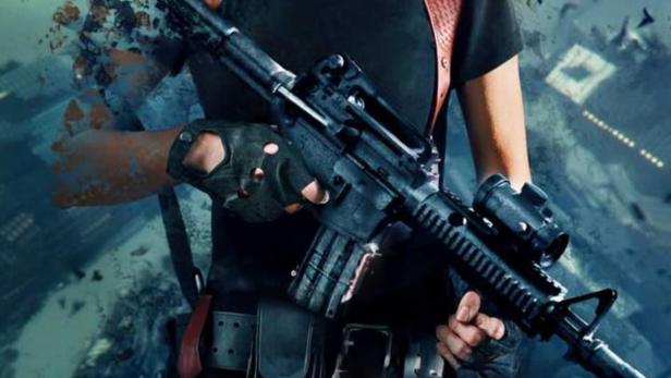 Eine Frau mit Gewehr vor dem Hintergrund von Drohnen und zerstörter Stadt, Filmposter „Levels“.