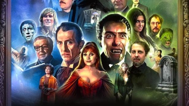 Das Filmplakat für „Hammer: Heroes, Legends and Monsters“ zeigt eine Collage von Horrorfiguren vor einem Vollmond.