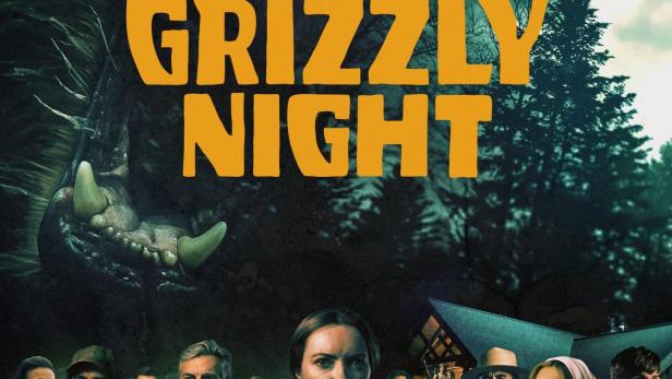 Das Filmplakat für „Grizzly Night“ zeigt eine Gruppe von Menschen unter dem Maul eines Bären.