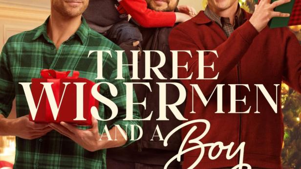 Das Filmplakat zu „Three Wiser Men and a Boy“ mit drei Vätern und einem Kind vor einem Weihnachtsbaum.