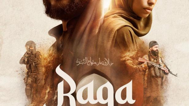 Das Filmplakat für „Raqa“ zeigt Álvaro Morte und Mina El Hammani vor einer Kriegsszene.