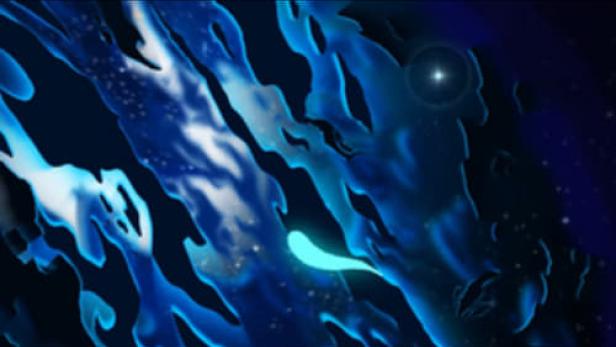 Eine stilisierte Darstellung eines blauen, fließenden Wesens im Weltraum.