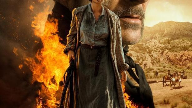 Das Filmplakat für „Escanyapobres“ zeigt eine Frau mit Gewehr vor einem Mann mit Hut und brennendem Feuer.