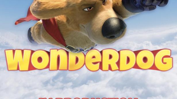 Ein animierter Hund mit Superhelden-Umhang fliegt vor dem Titel „Charlie Wonderdog“.