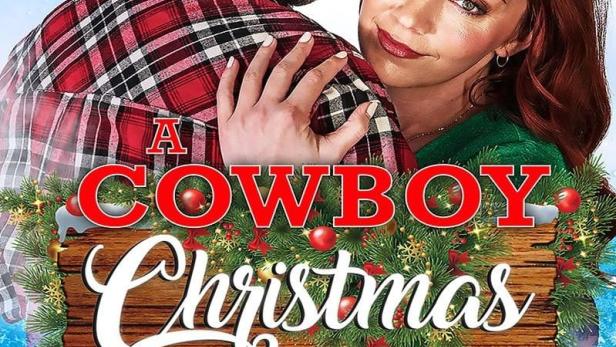 Das Filmplakat für „A Cowboy Christmas“ zeigt einen Mann mit Cowboyhut und eine Frau vor weihnachtlicher Dekoration.