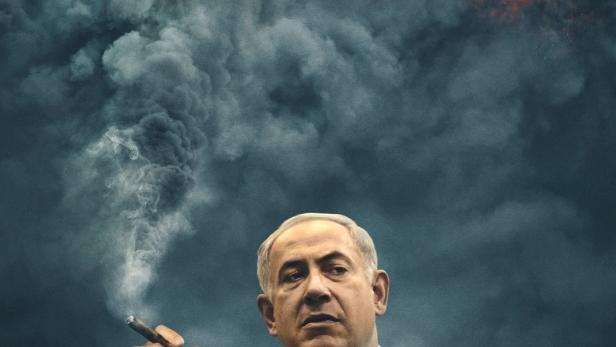 Das Filmplakat für „The Bibi Files“ zeigt Benjamin Netanjahu mit einer Zigarre vor einer explosiven Szene.