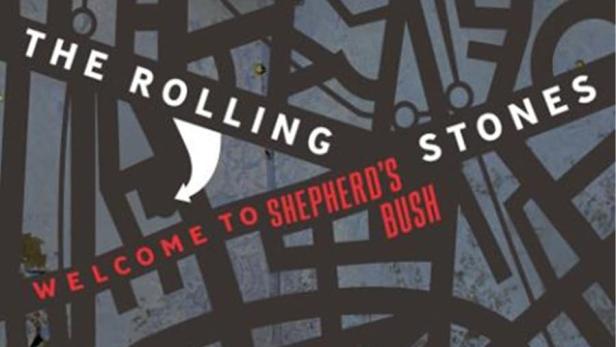 Das Rolling Stones-Plakat „Welcome to Shepherd's Bush“ vor einem abstrakten Stadtplan.