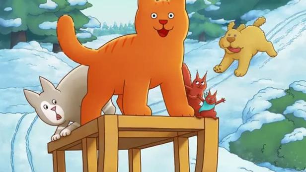 Das Filmplakat für „Dikkie Dik 2“ zeigt eine orangefarbene Katze auf einem Schlitten im Schnee.