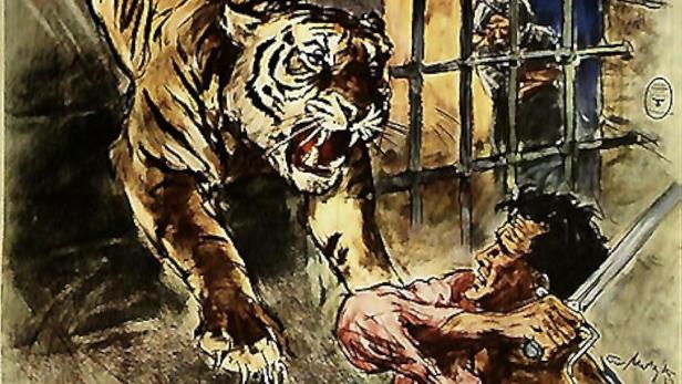 Ein Tiger greift einen Mann auf dem Filmplakat zu „Der Tiger von Eschnapur“ an.