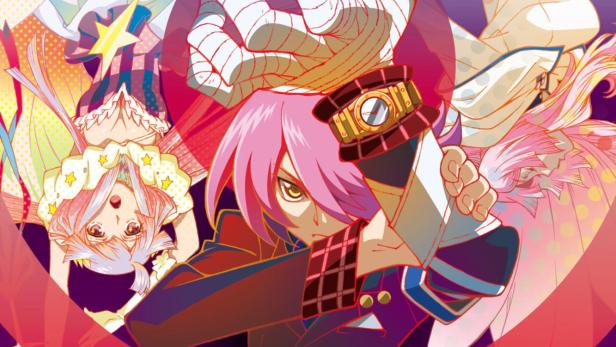 Ein Anime-Poster mit einem Charakter mit rosa Haaren und einem Verband um die Hand.