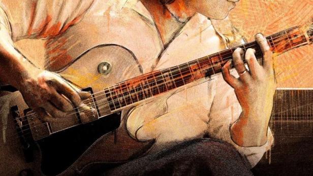 Das Filmplakat zeigt Pino Daniele, der Gitarre spielt; Titel: „Nero a Metà“.