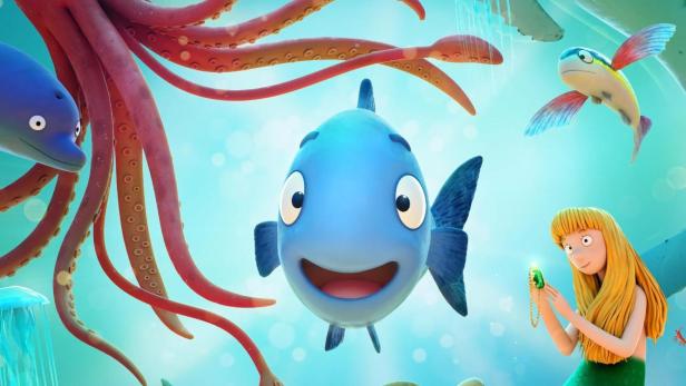 Das animierte Unterwasser-Poster für „Tiddler“ zeigt eine Meerjungfrau, einen Jungen im Taucheranzug und viele Meeresbewohner.