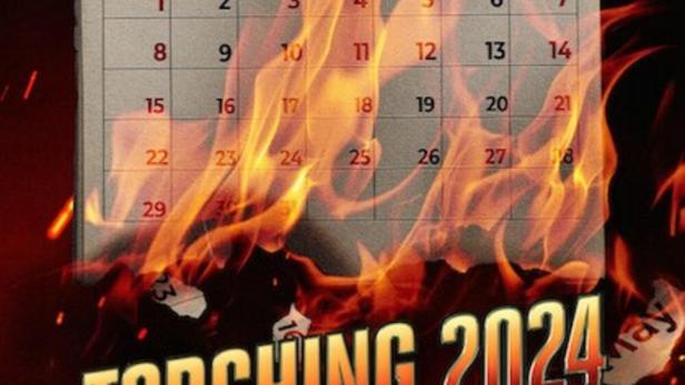 Ein Dezemberkalender 2024 steht in Flammen, mit dem Titel „Torching 2024: A Roast of the Year“.