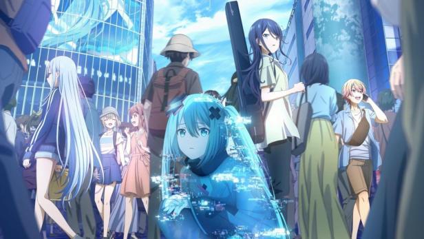 Ein animiertes Gruppenbild mit der virtuellen Sängerin Hatsune Miku im urbanen Raum.