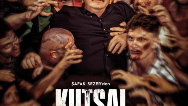 Ein Mann mit Schnurrbart ist umgeben von Zombies auf dem Filmplakat zu „Kutsal Damacana 5: Zombi!!“.