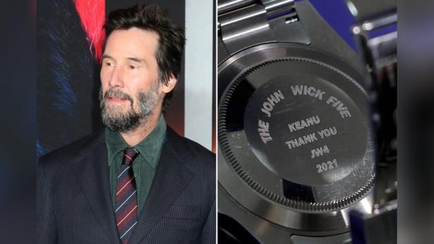 Keanu Reeves und eine „John Wick“-Rolex mit einer Gravur, die ihm für „John Wick 4“ im Jahr 2021 gedankt hat.