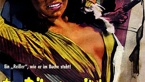 Das Filmplakat für „Der Dämon mit den blutigen Händen“ zeigt eine gefesselte Frau und einen Mann mit einer Waffe.