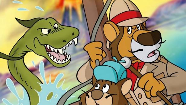 Szene aus „Willy Fog 2“ mit Willy Fog, Rigodon und einem Seeungeheuer.