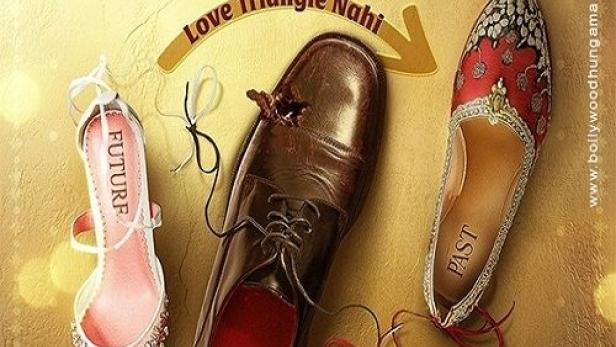 Das Filmplakat für „Mere Husband Ki Biwi“ zeigt Schuhe, die Vergangenheit, Gegenwart und Zukunft darstellen.
